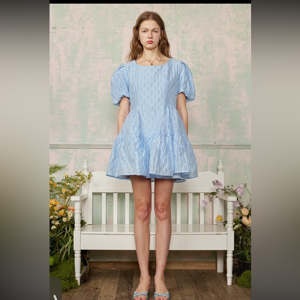 876. Rose floral puff sleeve tiered mini dress in blue